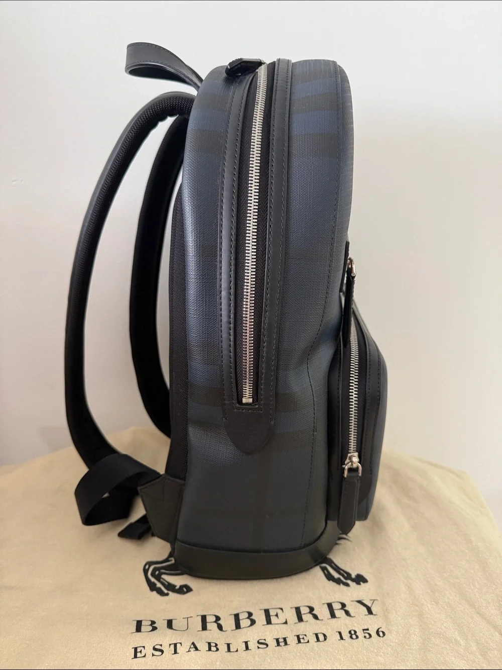 New Burberry Marden Black and Navy Check Leather-Trim Backpack